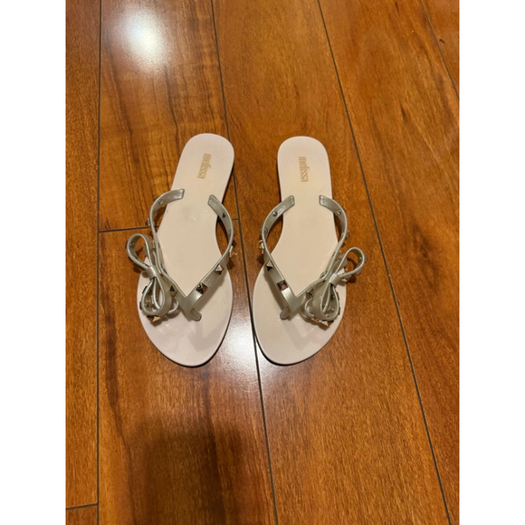 Melissa Shoes - Women's Melissa Beige Silver Studded Bow Thong Sandals Size 7